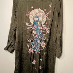 Zara Forest Green Button Down Embroidered Maxi Blouse Kimono. Size Small